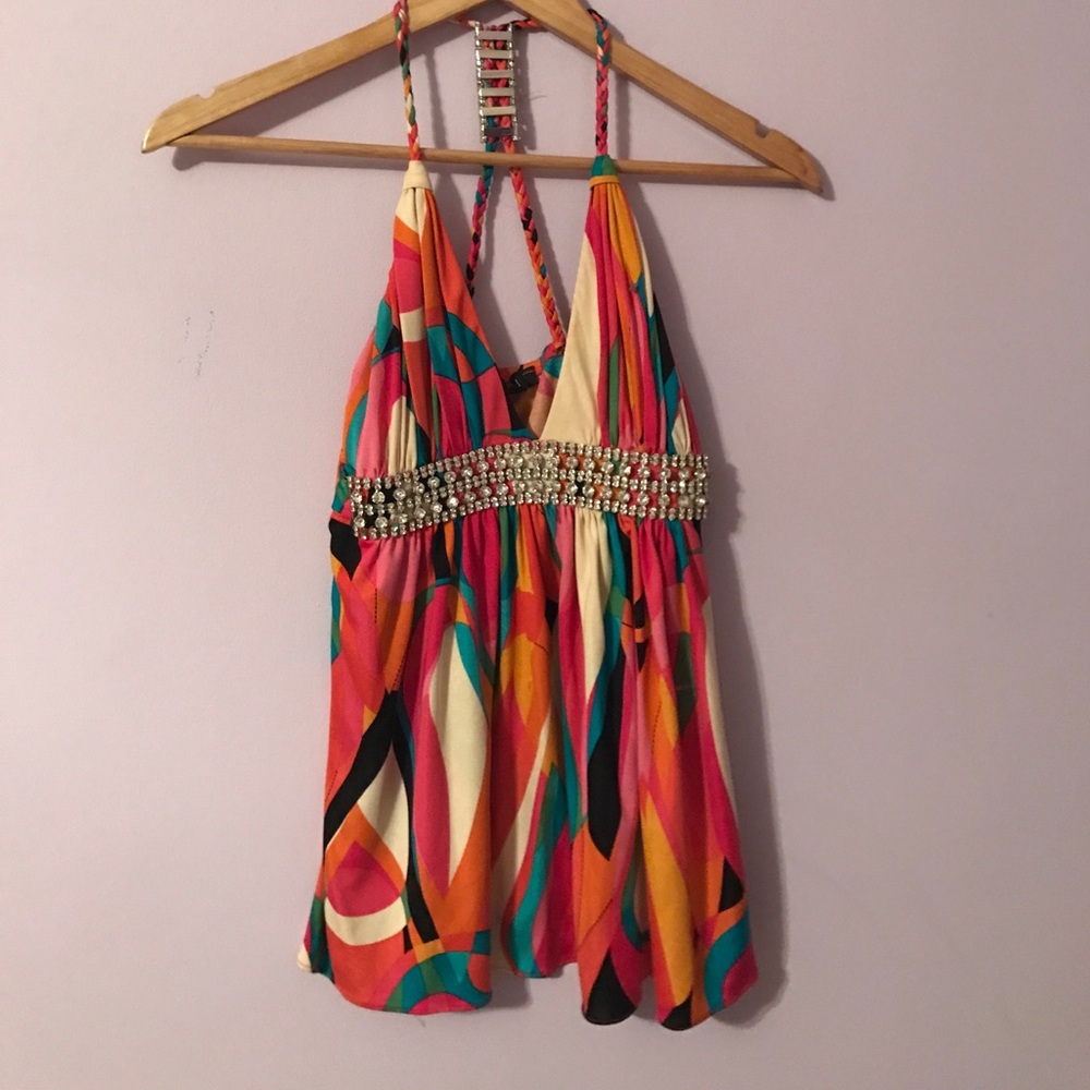 Sky Multicolor Halter Tank Top with Jeweled Empire Waist